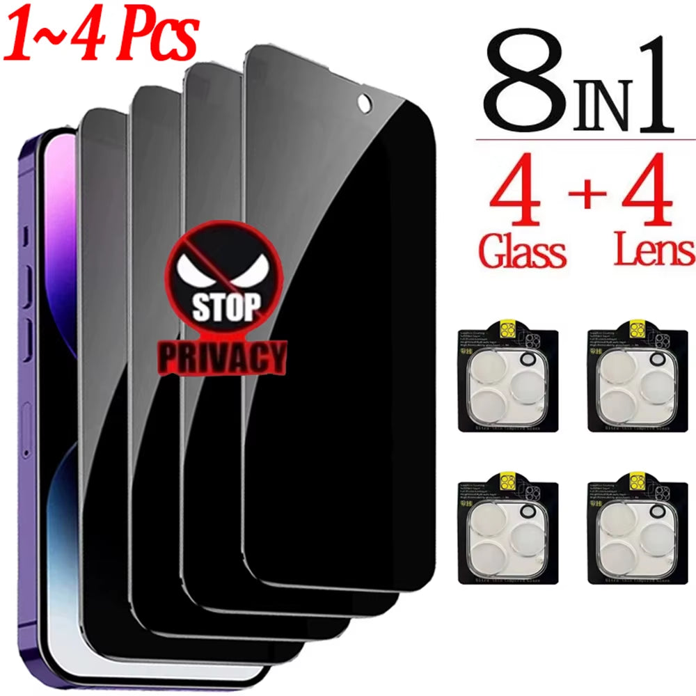 1~4PCS Anti-Spy Glass for Iphone 16 15 14 13 Pro Max Privacy Screen Protectors & Camera Protection Film for Iphone15 12 11 Pro