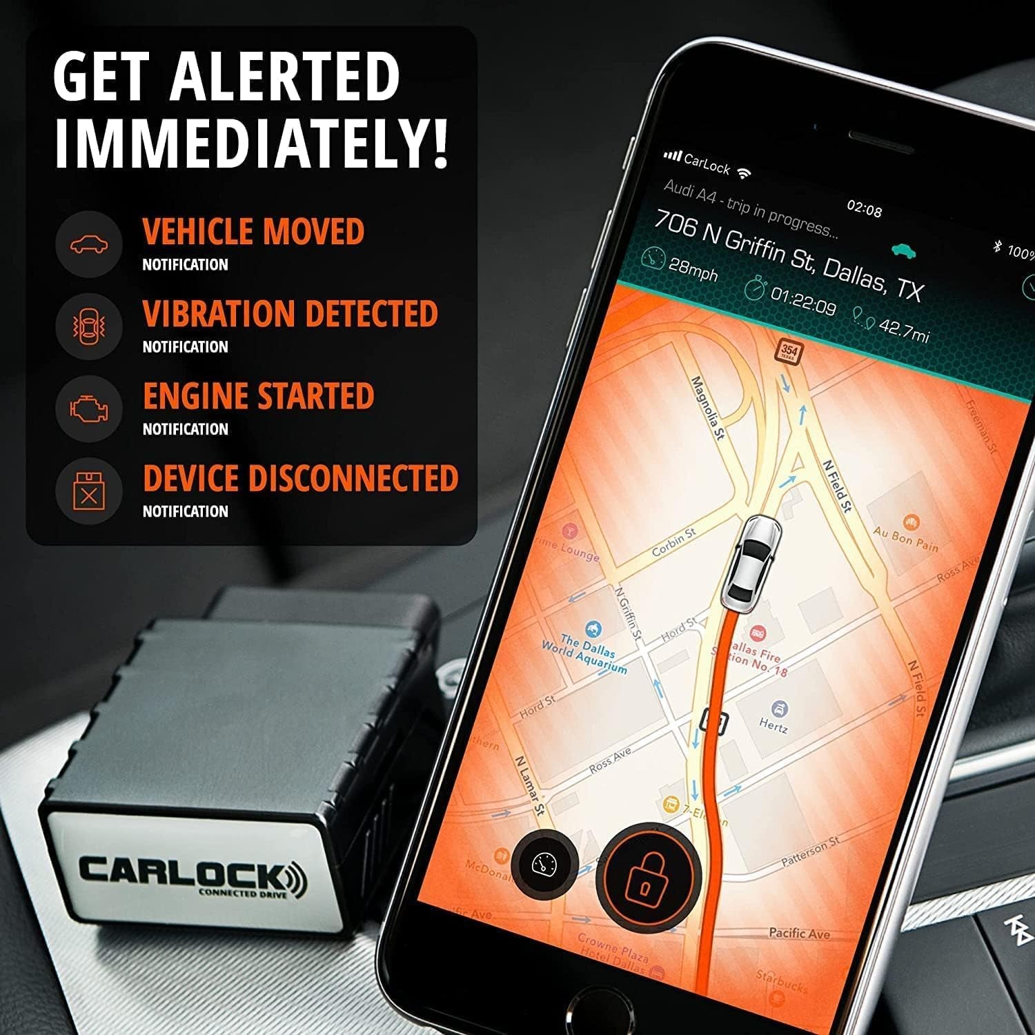 anti Theft Car Device - Real Time UK Car GPS Tracker & Car Alarm System Security - OBD & Phone App - Auto Van Vehicles Tracking & Instant Alert of Suspicious Behavior