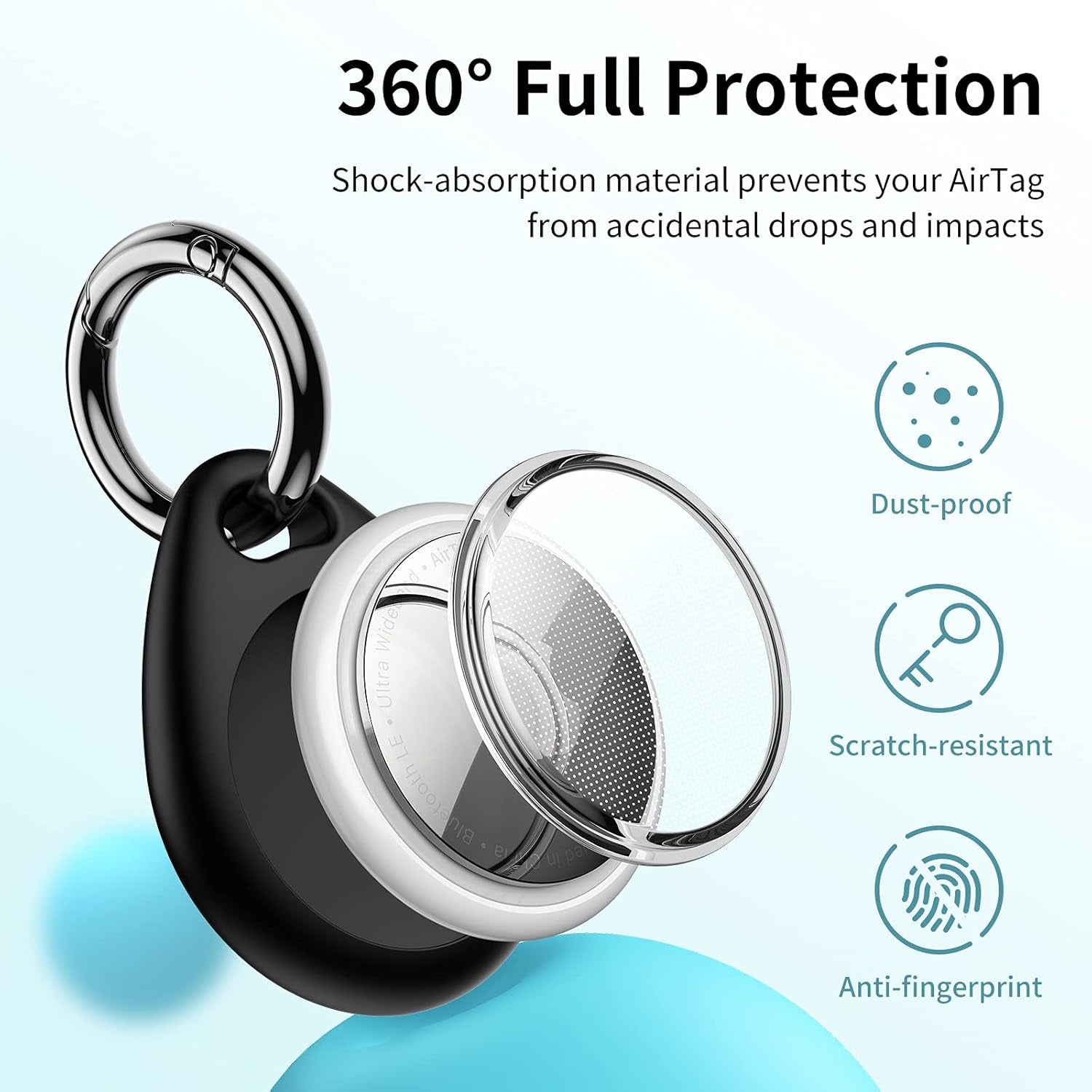360° Protective Case for Airtag, [4-Pack] Airtags Keyring Holder, Scratch-Resistant, Lock Design, Keychain for Airtag, TPU Full Cover Case for Key, Bag, Luggage, Pet Collar (Black & Blue)
